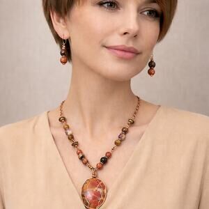 Brecciated Jasper 1 1/2" Oval Cabochon Necklace & Earrings 20" orange brown